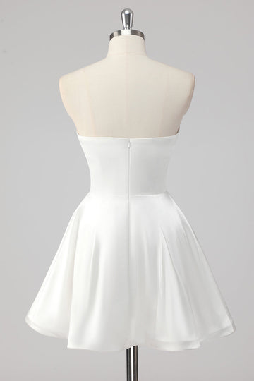 Simple White Satin A-Line Strapless Short Graduation Dress